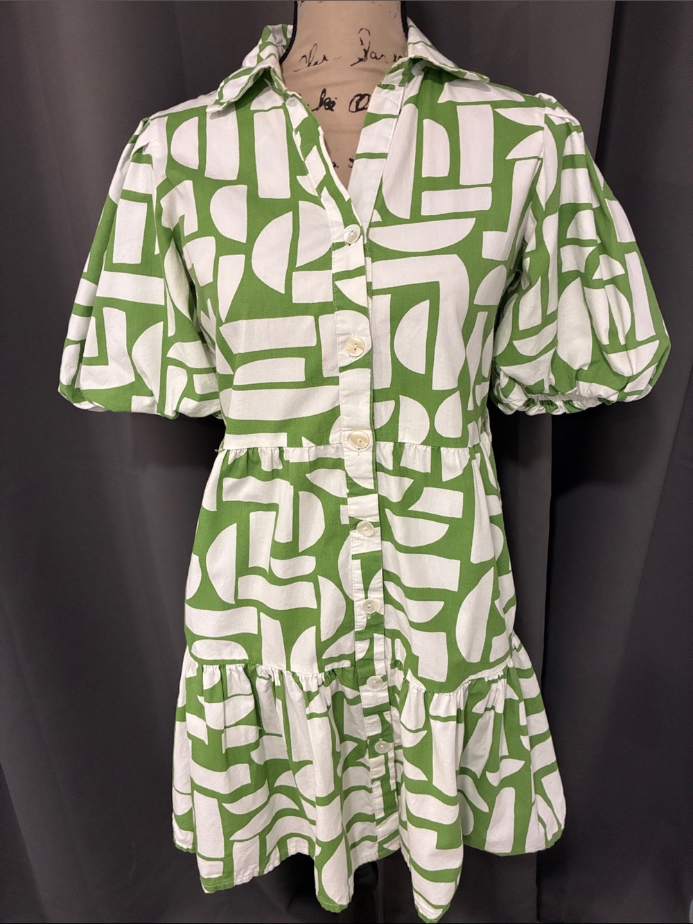 Jessica Simpson Green and White Abstract Button-Front Mini Dress